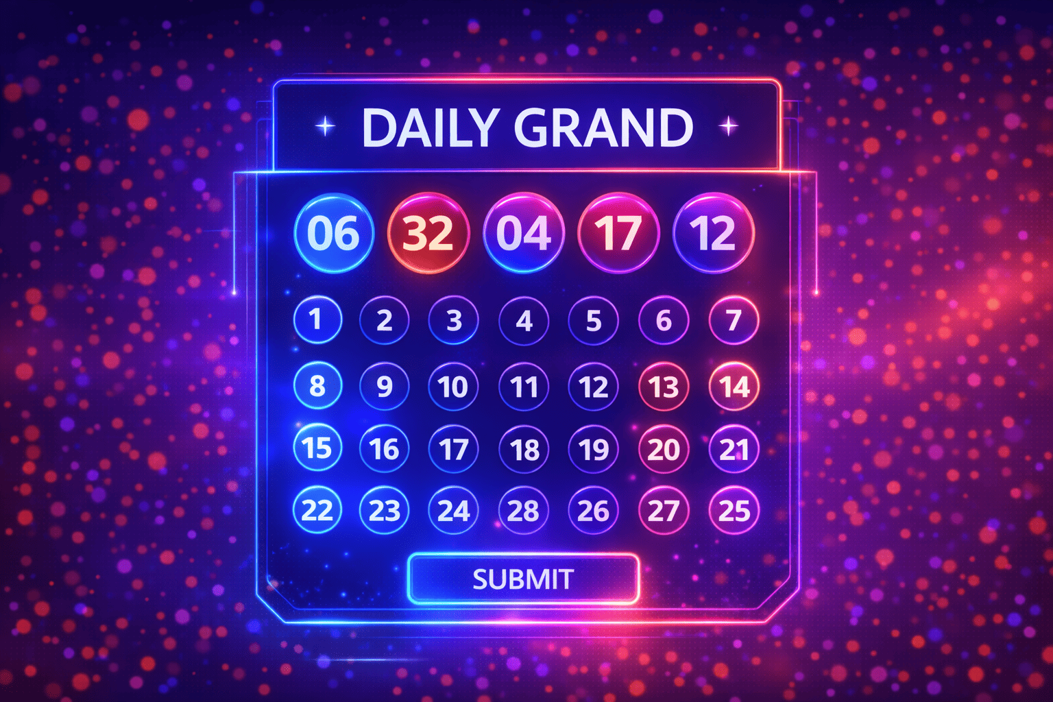 Daily Grand lottery futuristic selection interface with neon elements